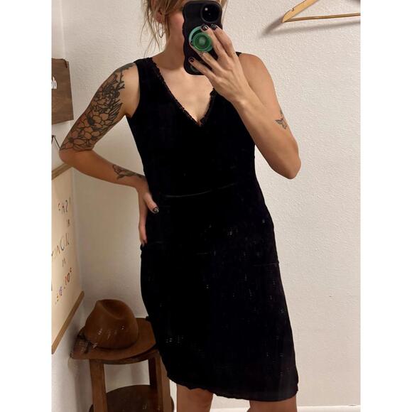 Black Velvet Mini Dress with Lace Trim - Picture 1 of 8
